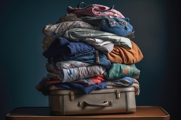 Suitcase With Pile Of Folded Clothes Balanced Precariously On Top Generative AI