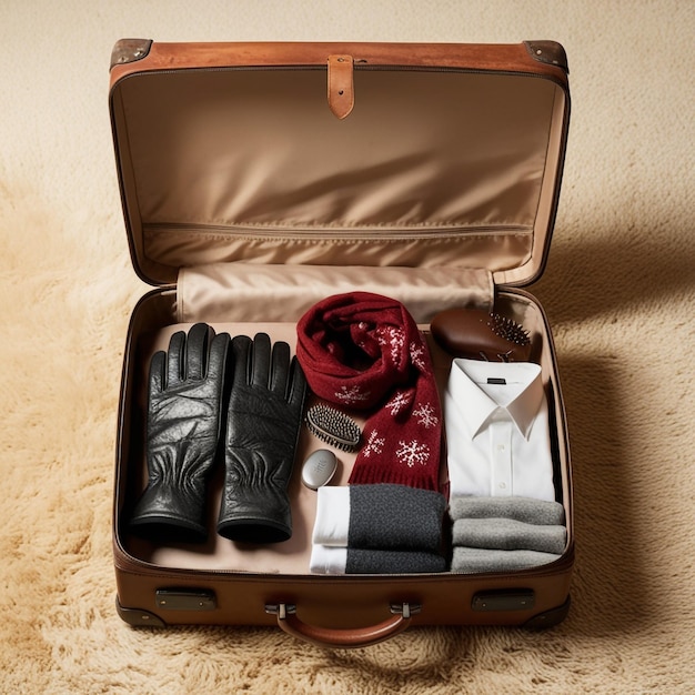 a suitcase with a red scarf and a pair of gloves in it