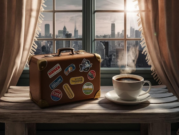 a suitcase with stickers on it sits on a table next to a cup of coffee