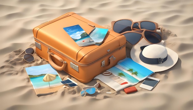 a suitcase with sunglasses and sunglasses on the beach