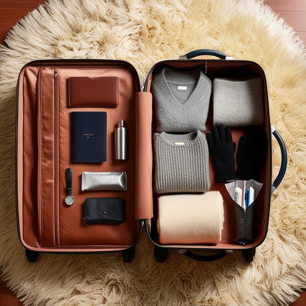 a suitcase with a sweater inside that says quot travel quot