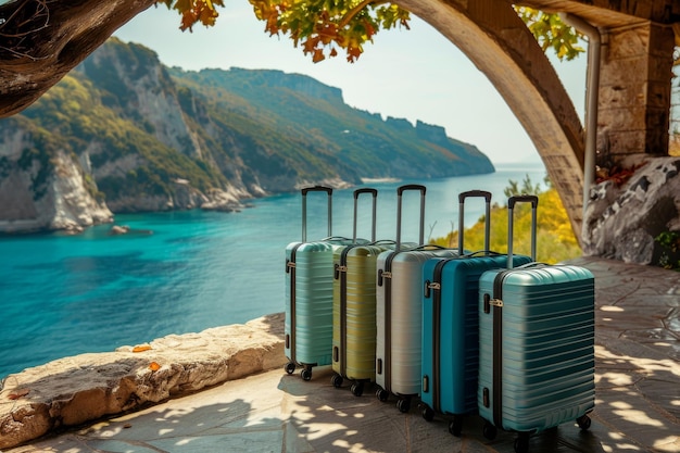 suitcases against sea and cliffs