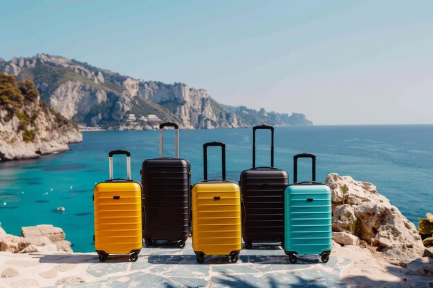 suitcases against sea and cliffs