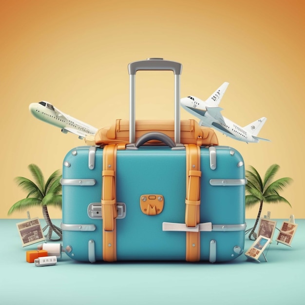 Suitcases and airplane on blue background 3D rendering