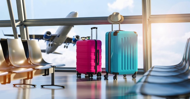 Suitcases in airport departure lounge airplane in background summer vacation concept traveler suitcases in airport terminal waiting area empty hall interior with large windows focus on suitcases