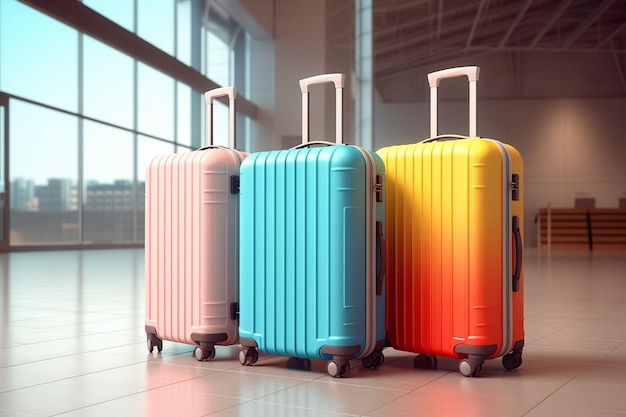 Suitcases in airport Travel concept 3d rendering