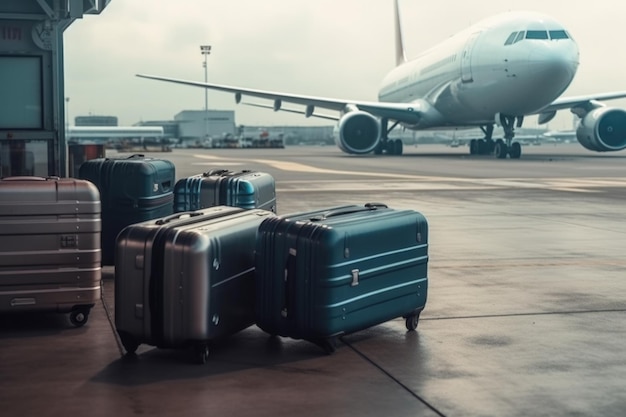 Suitcases on the background of the plane travel at the airport Generative AI