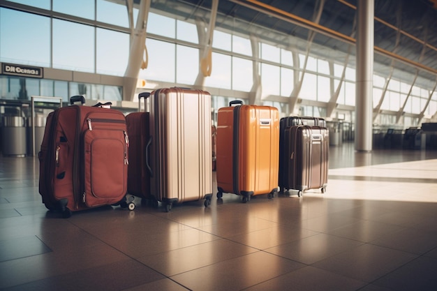 Suitcases on a baggage carousel at an airport with waiting guests in the background aesthetic look