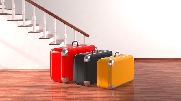 Suitcases beside stairs with white blank wall for copyspace