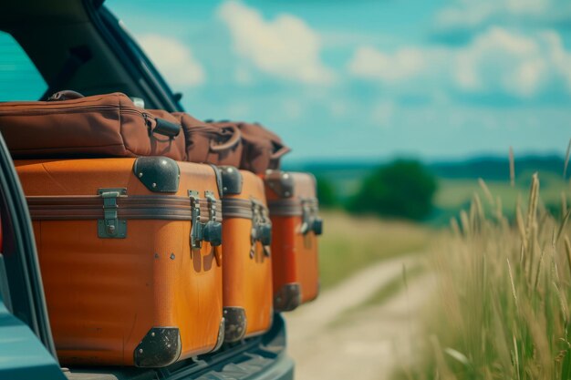 Suitcases into car trunk road trip journey