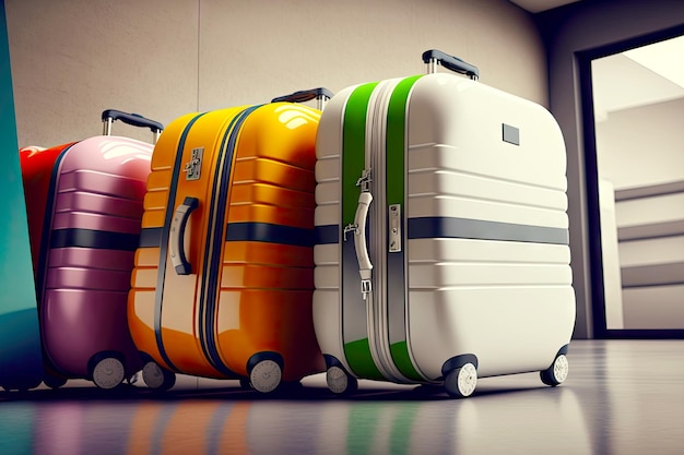 Suitcases lined in rows and travel bags in airport baggage claim area