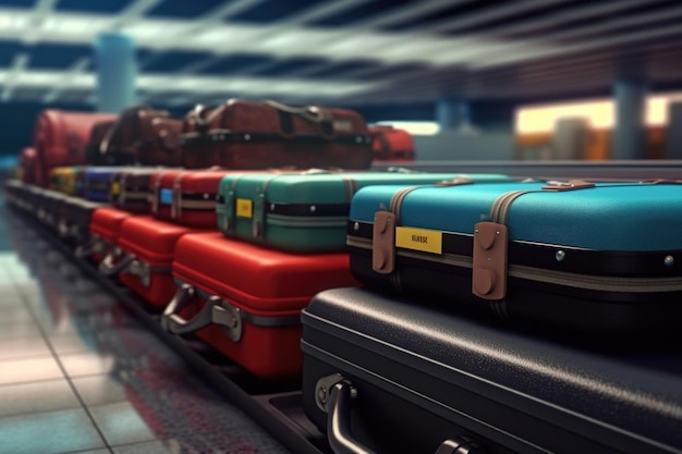 Suitcases on luggage conveyor belt at airport terminal Generative AI