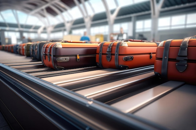 Suitcases on luggage conveyor belt at airport terminal Generative AI