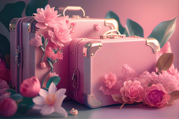 Suitcases for traveling pink with flowers and beauty accessories on blurry background created with generative ai