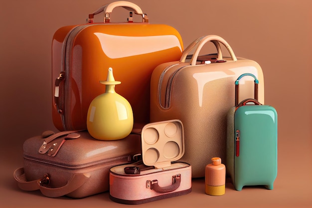 Suitcases for traveling with clothes and cosmetics on light brown background