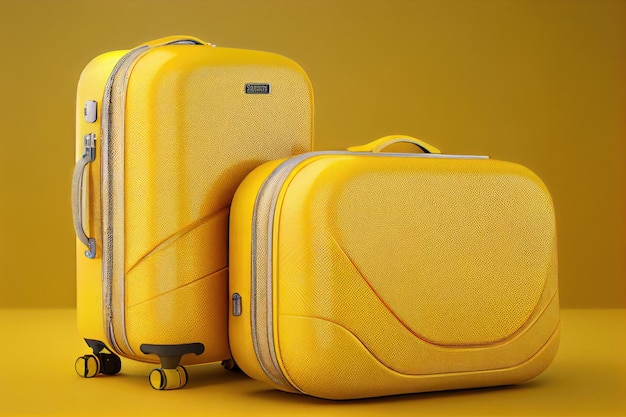 Suitcases for traveling on yellow background with runway and airport created with generative ai