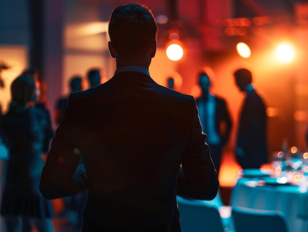 Suited gentleman oversees animated party scene from a distance