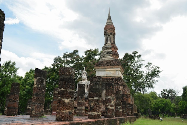 Sukhothai Thailand May 20 2022 Closeup of Phum Khao Bin Pagoda the sukhothai pagoda unique and buddha in old viharn at the Historical Park in Sukhothai