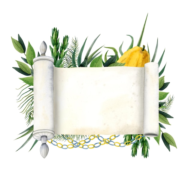 Photo sukkot banner template with blank torah scroll and symbols watercolor illustration four species