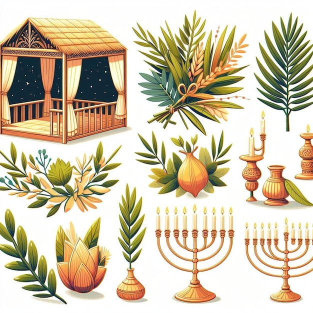 Sukkot Festival Illustrations Sukkah Lulav Etrog Menorah Shofar Torah Scroll Table Setting Ribbons