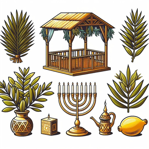 Photo sukkot festival illustrations sukkah lulav etrog menorah shofar torah scroll table setting ribbons