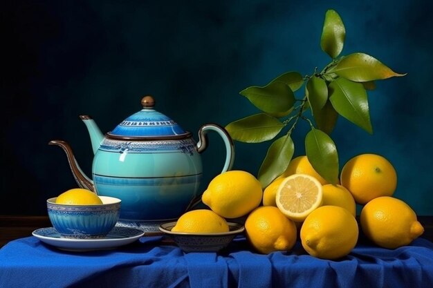 Sultana and lemons with a cup of drink on blue