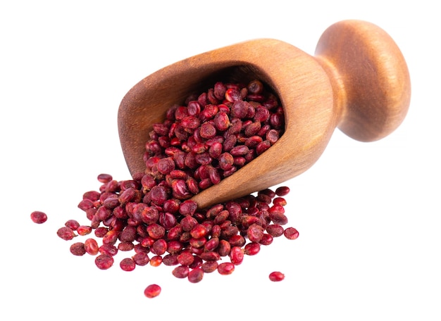 Sumac seeds in wooden scoop isolated on white background whole dry rhus berry