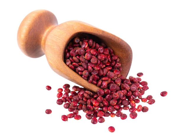 Sumac seeds in wooden scoop isolated on white background whole dry rhus berry