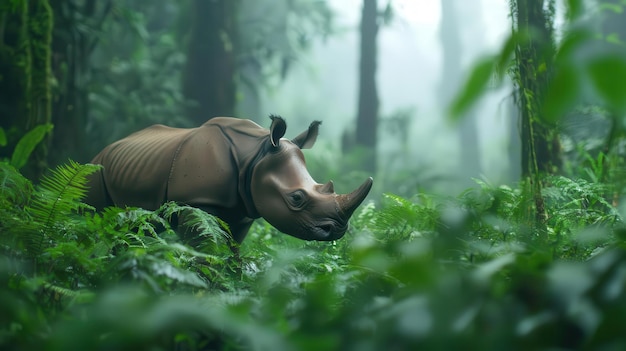 Photo sumatran rhinoceros walking through dense rainforest rare species deep green foliage and warm natura