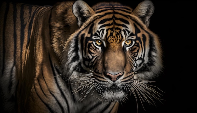 Sumatran tiger looking at the cameratiger on black background generative ai