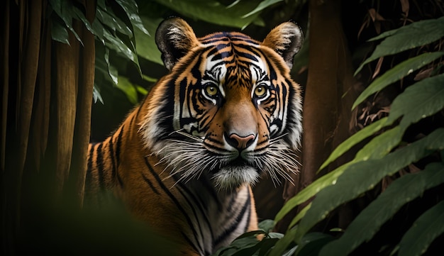 Sumatran tiger looking at the cameratiger walking in tropical forest conservation generative ai