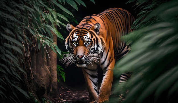 Sumatran tiger looking at the cameratiger walking in tropical forest conservation generative ai