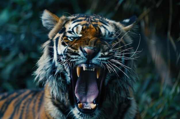 Photo sumatran tiger showing teeth while roaring in wilderness