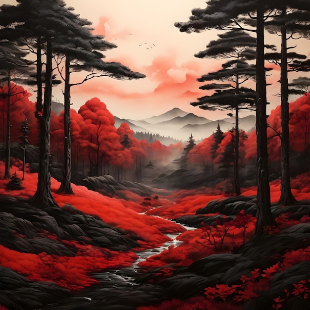 SumiE style forest with a open field red and black colors