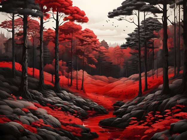 SumiE style forest with a open field red and black colors