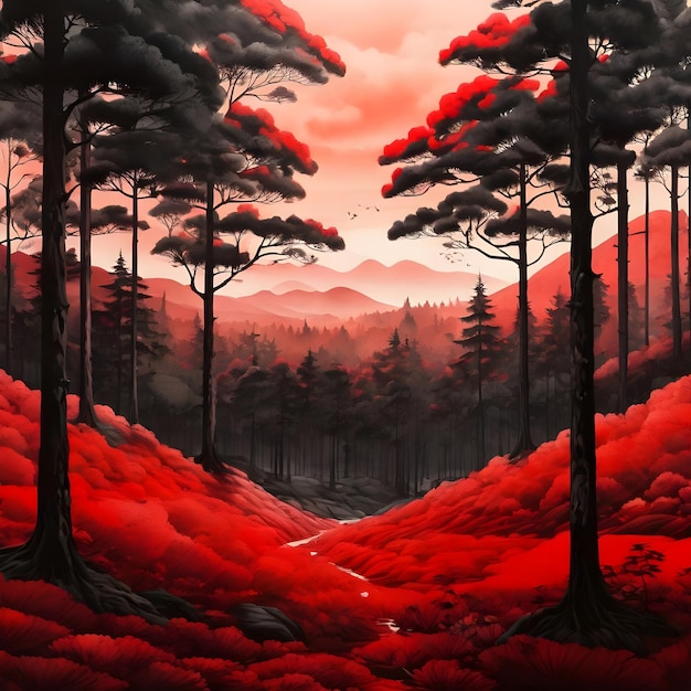 SumiE style forest with a open field red and black colors