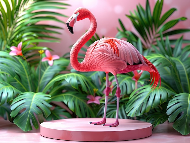 Photo summer 3d podium background flamingo pink product pedestal party scene display beach podium platform 3d palm summer vacation backdrop pastel isolated spring studio stand flower template holiday