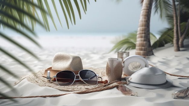 Summer accessories on the beach on the background of palm trees background vacation generative ai