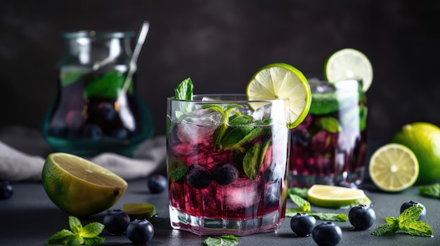 Summer alcoholic cocktail blueberry mojito with rum Illustration AI Generative