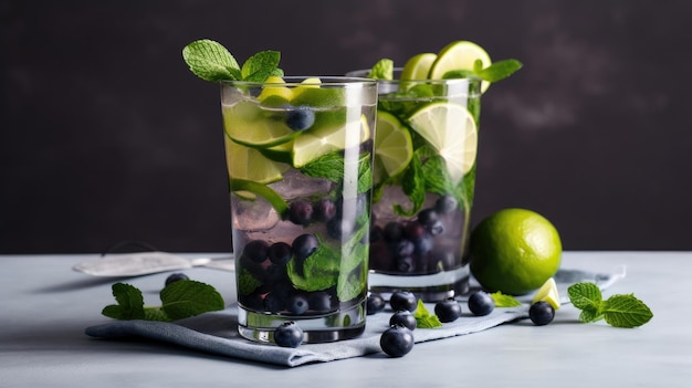 Summer alcoholic cocktail blueberry mojito with rum Illustration AI Generative