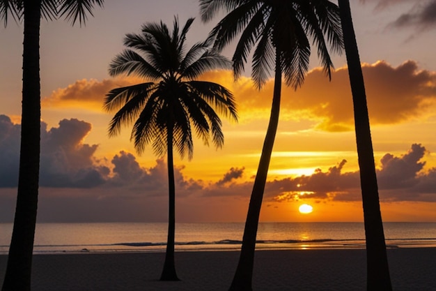 Summer backgroud with sunset and palm trees silhouett