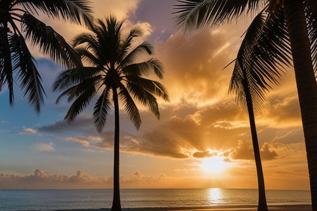 Summer backgroud with sunset and palm trees silhouett