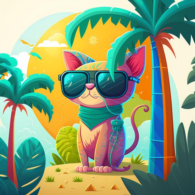 summer background cat wearing sunglasses with beach and palm trees