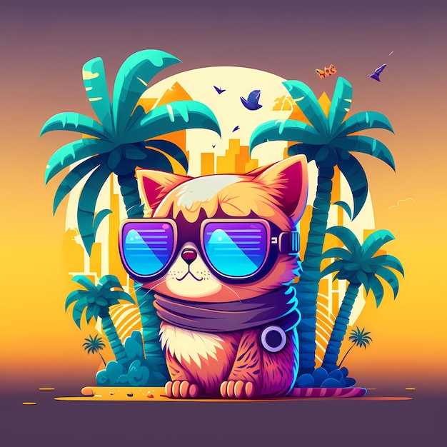 summer background cat wearing sunglasses with beach and palm trees