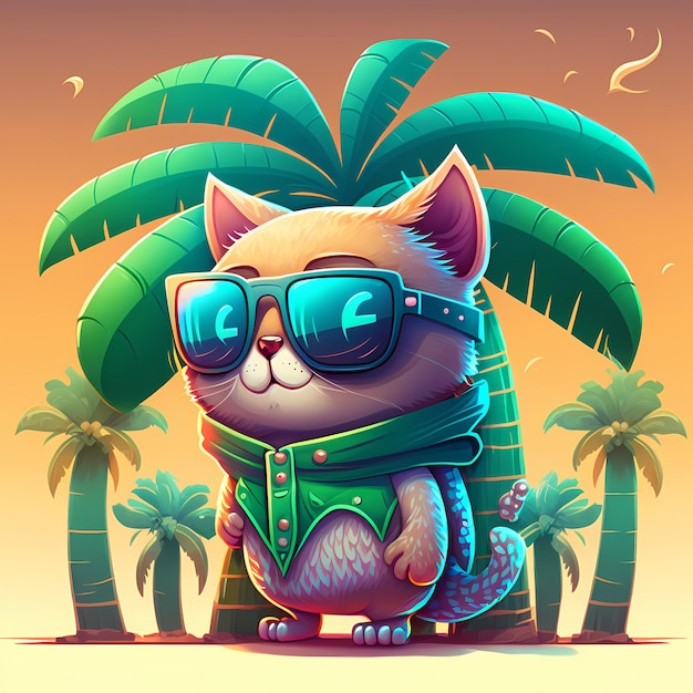 summer background cat wearing sunglasses with beach and palm trees