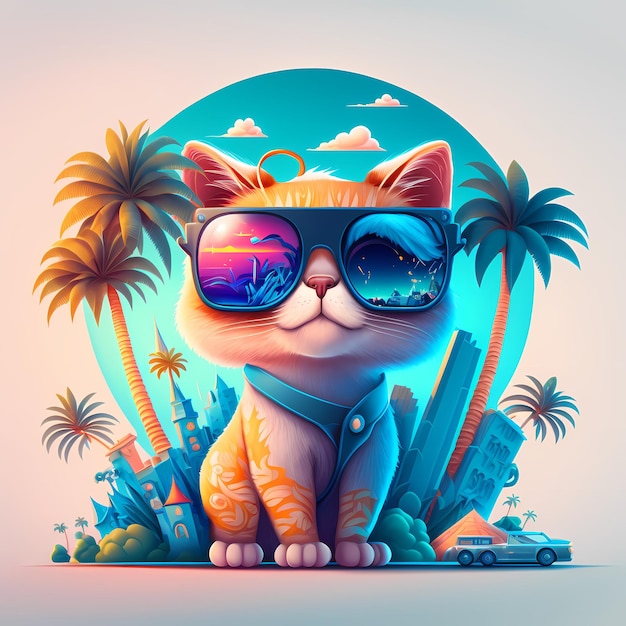 summer background cat wearing sunglasses with beach and palm trees