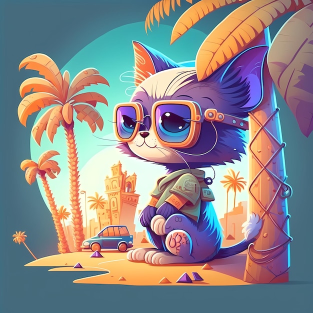 summer background cat wearing sunglasses with beach and palm trees