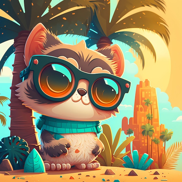 summer background cat wearing sunglasses with beach and palm trees