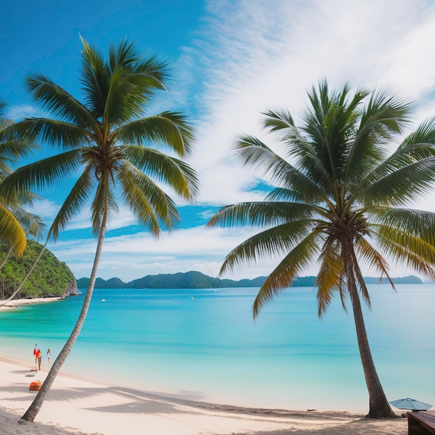 Summer background of Coconut Palm trees on white sandy beach Landscape nature view Romantic ocean bay with blue water and clear blue sky over sea at Phuket island Thailand