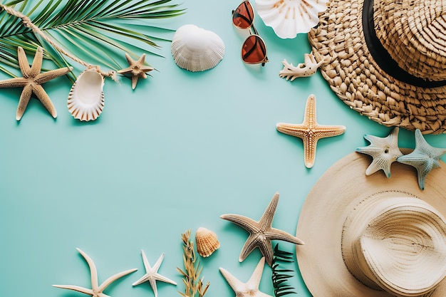 Summer background composition with beach coconut tree and beach objects